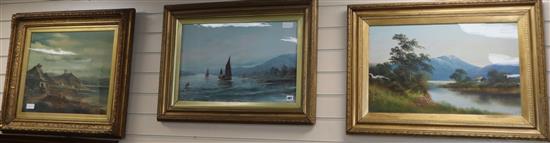 Three early 20th century English oils, River landscape and coastal scenes, largest 42 x 54cm